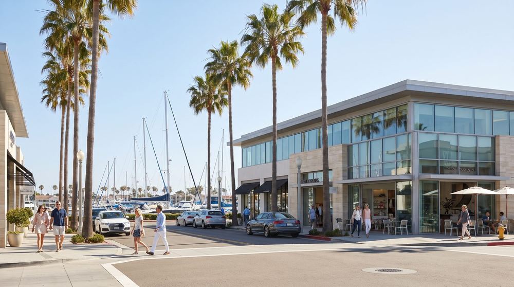 Newport Beach street with harbor