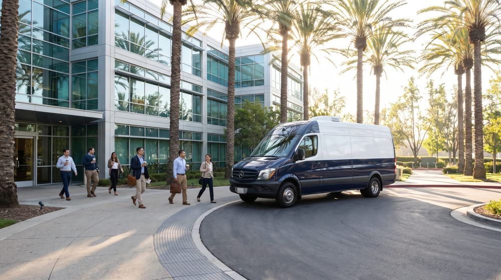 Employees walking toward a mobile dental van at a corporate campus